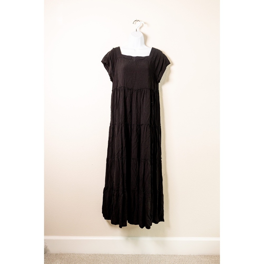 Natural Life Maxi Dress Womens Size S Black Cotton Tiered Boho Square Neck